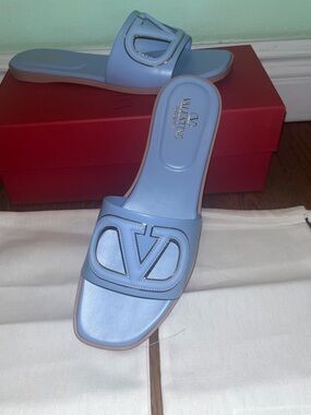 Valentino Garavani Pale Blue VLogo Cutout Slide Sandals with Gold Trim